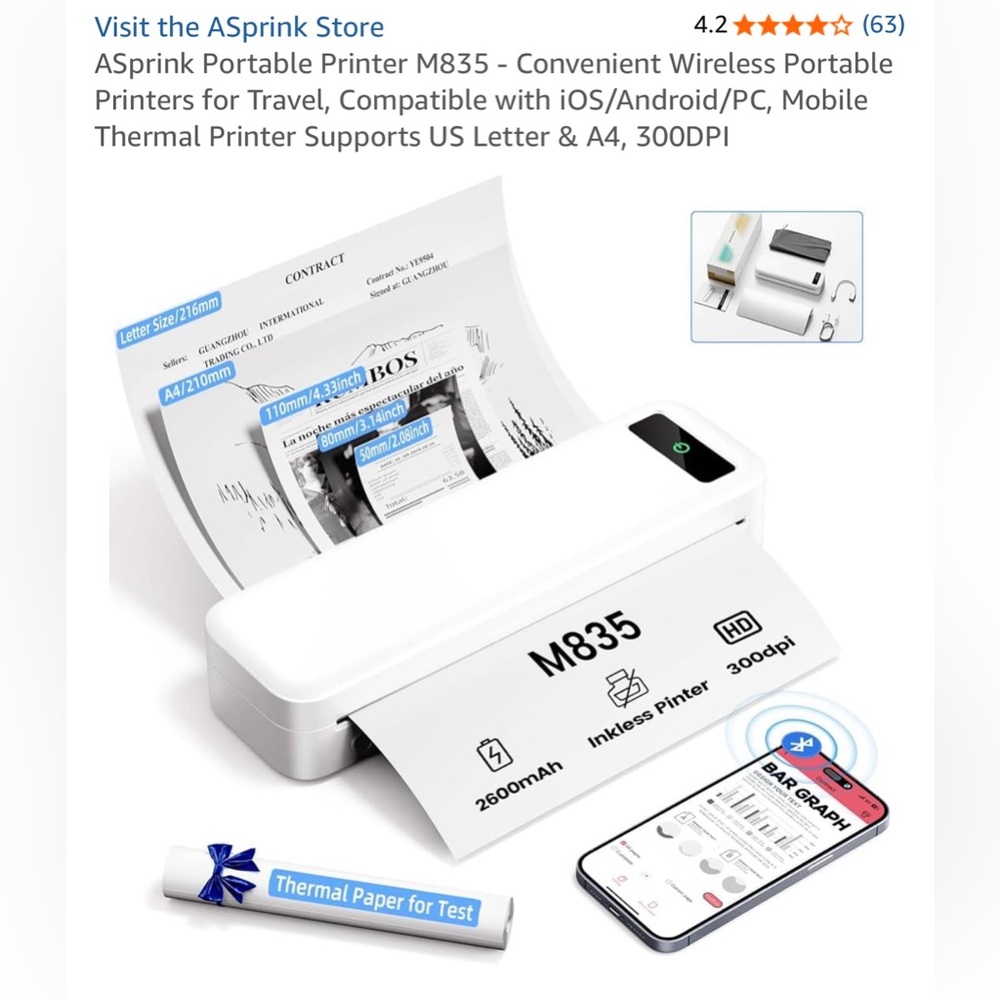NEW ASprink Portable Printer M835 - Convenient Wireless Portable Printers